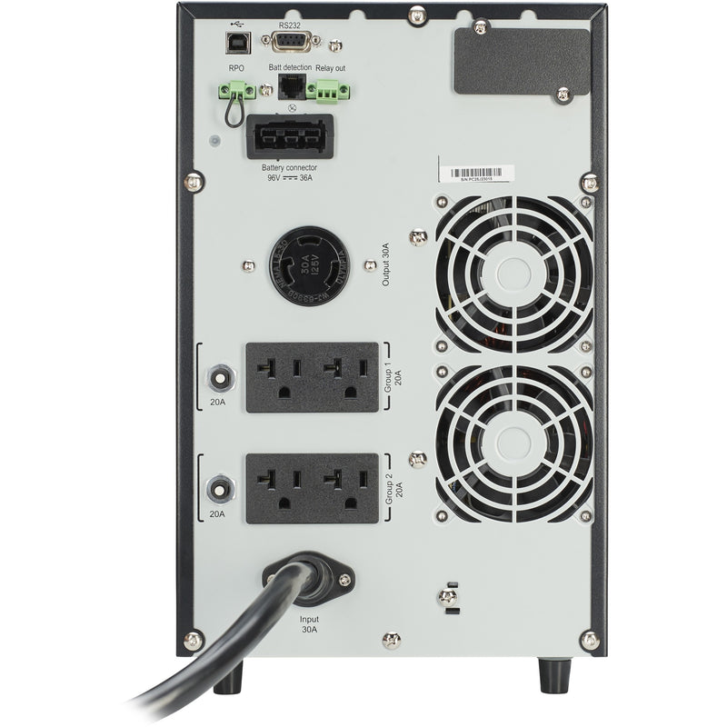 Rear panel view of Eaton 9SX 3000VA UPS showing ports, outlets, and cooling fans