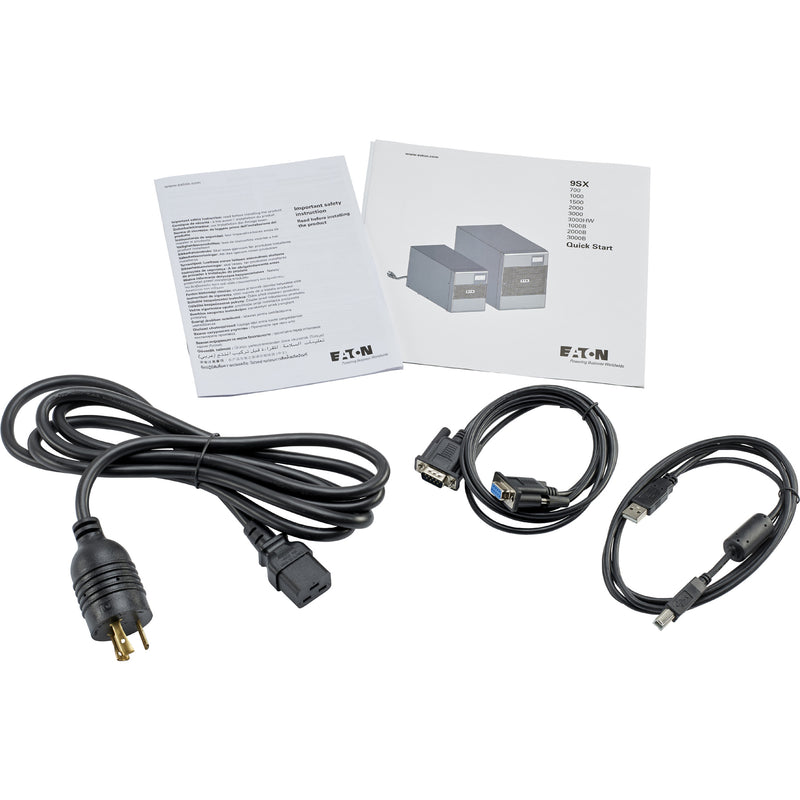 Complete set of UPS installation materials including cables, guides, and documentation