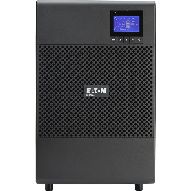 Front view of Eaton 9SX 3000VA UPS showing LCD display screen and ventilated front panel