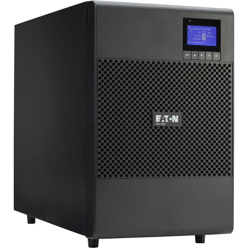 Angular view of Eaton 9SX 3000VA UPS showing tower form factor and ventilation system