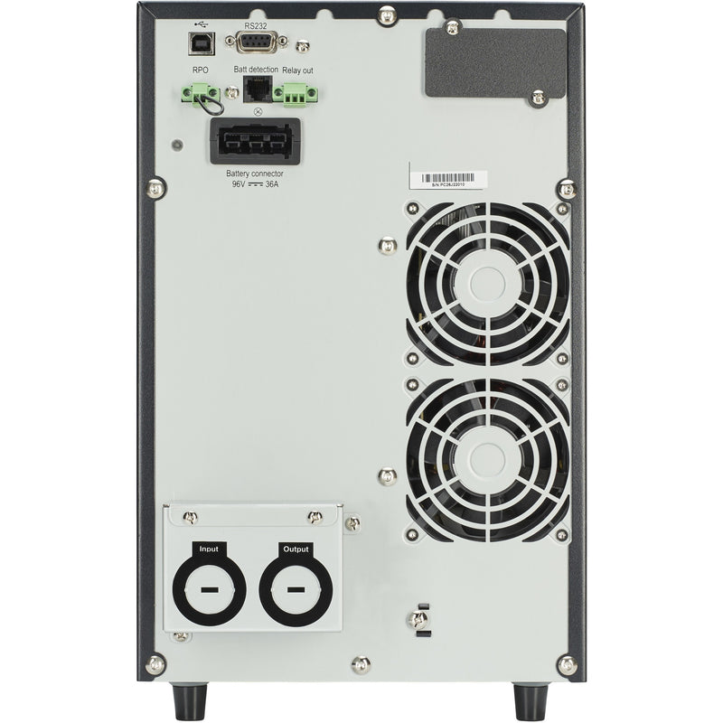 Rear view of Eaton 9SX3000HW showing connectivity ports, cooling fans, and power connections