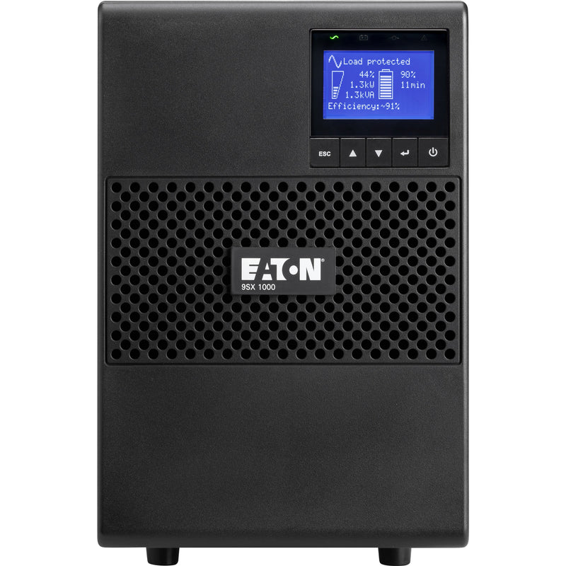 Front view of Eaton 9SX1000G UPS showing LCD display screen with power metrics and honeycomb ventilation pattern