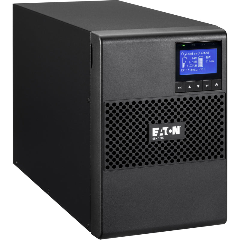 Side angle view of Eaton 9SX1000G UPS tower showing compact form factor and LCD display