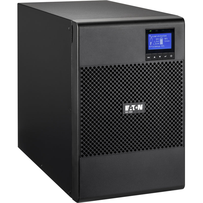 Side angle view of Eaton 9SX2000G UPS tower showing compact design and LCD screen