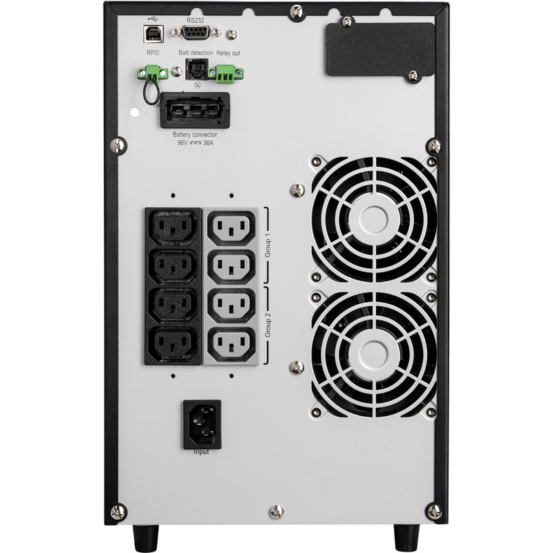 Rear panel view of Eaton 9SX2000G showing ports, outlets, and cooling fans