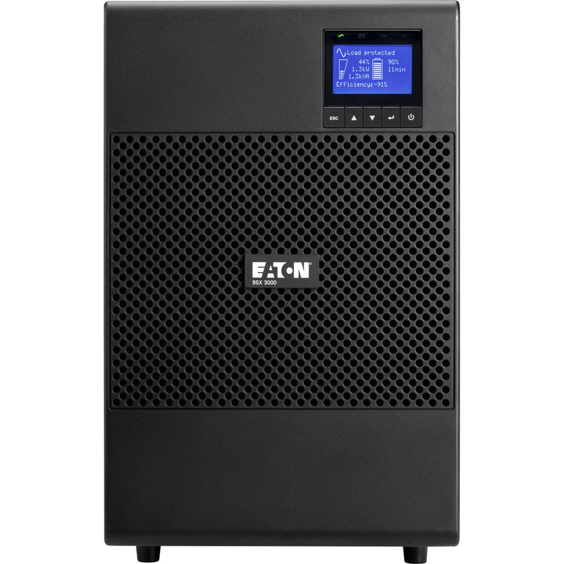 Front view of Eaton 9SX3000G UPS showing LCD display screen and honeycomb ventilation pattern