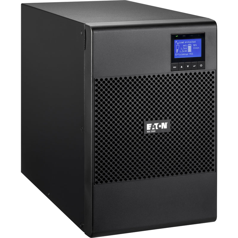 Side angle view of Eaton 9SX3000G UPS tower showing compact design and LCD screen