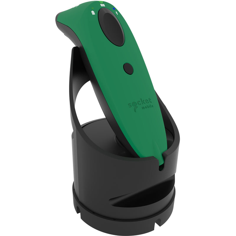 Green SocketScan S700 barcode scanner positioned in black charging dock, showing ergonomic design and status indicators