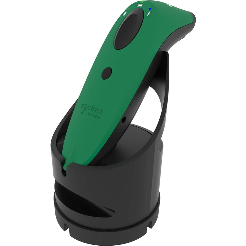 Side view of SocketScan S700 green barcode scanner in charging dock showing ergonomic design