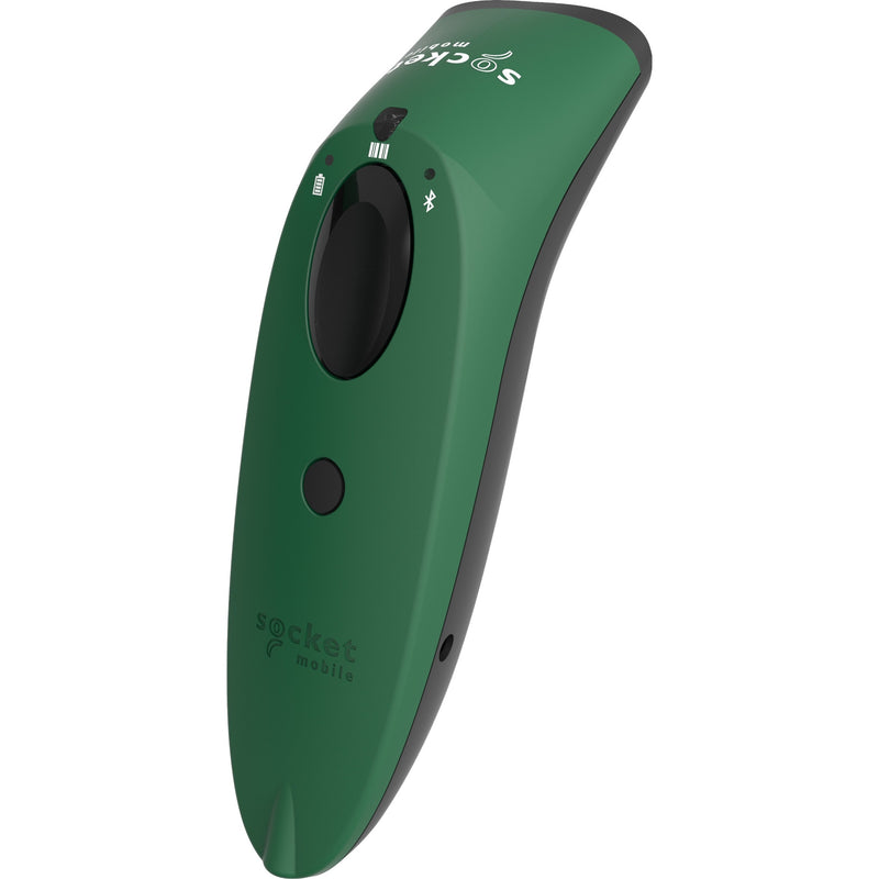 Close-up view of SocketScan S700 green barcode scanner showing LED indicators and control buttons