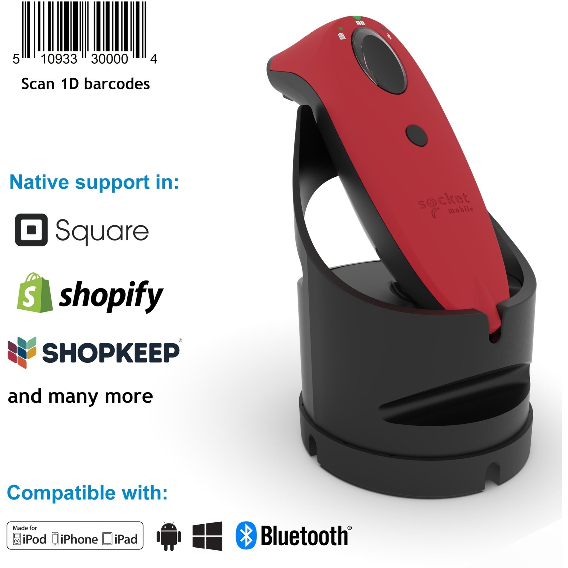 Socket Mobile CX3461-1929 SocketScan S700 1D Barcode Scanner, Red & Black Charging Dock [Discontinued]