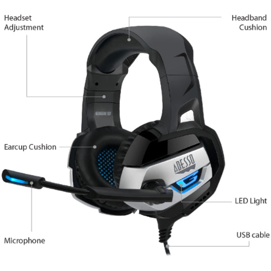 Adesso XTREAM G2 Stereo USB Gaming Headset with Microphone, Comfortable, Adjustable Headband, LED Lighting