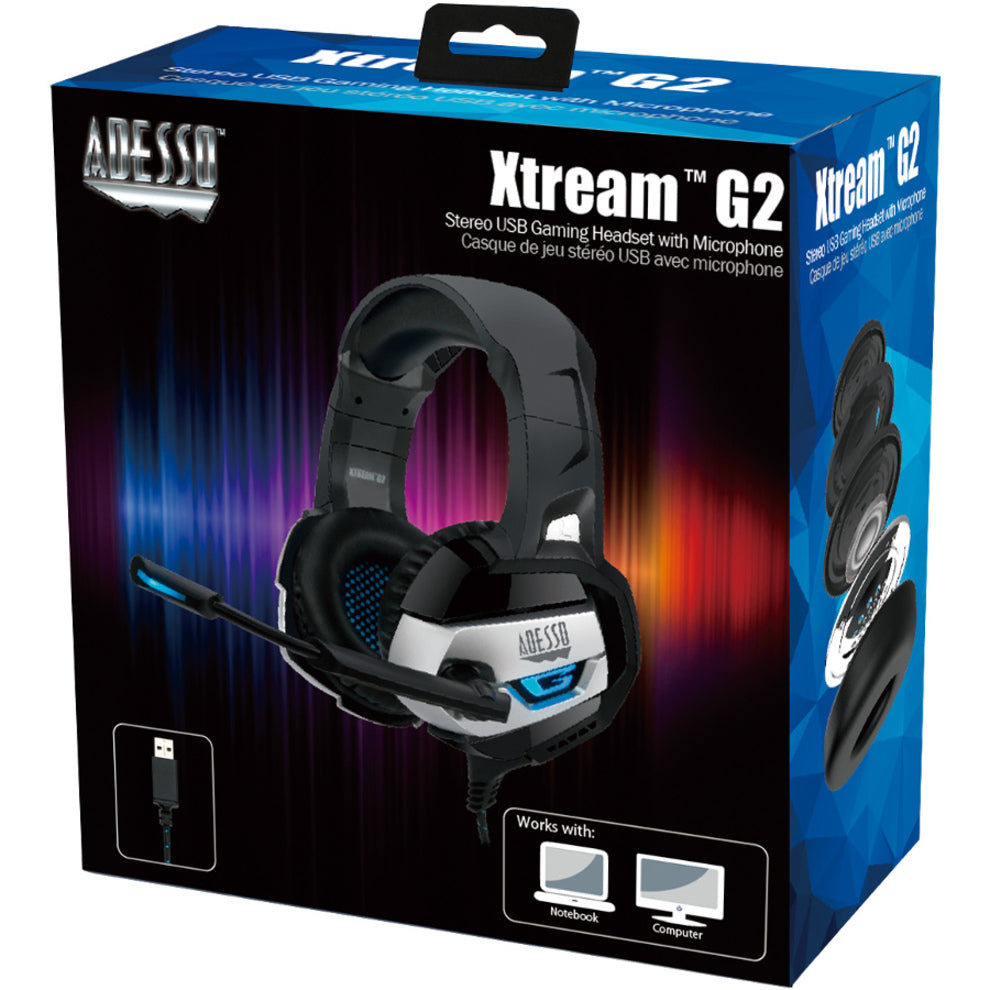 Adesso XTREAM G2 Stereo USB Gaming Headset with Microphone, Comfortable, Adjustable Headband, LED Lighting