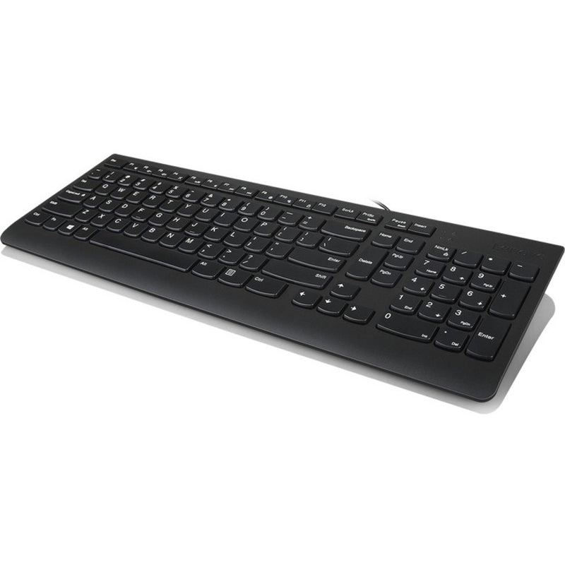 Angled side view of Lenovo 300 USB Keyboard showing slim profile and ergonomic design