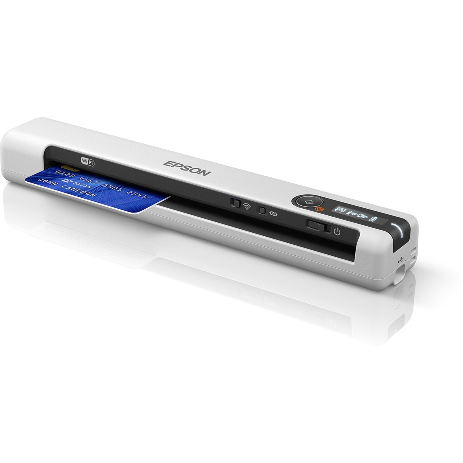 Epson DS-80W wireless scanner processing a credit card with wireless indicators lit-alternate-image10