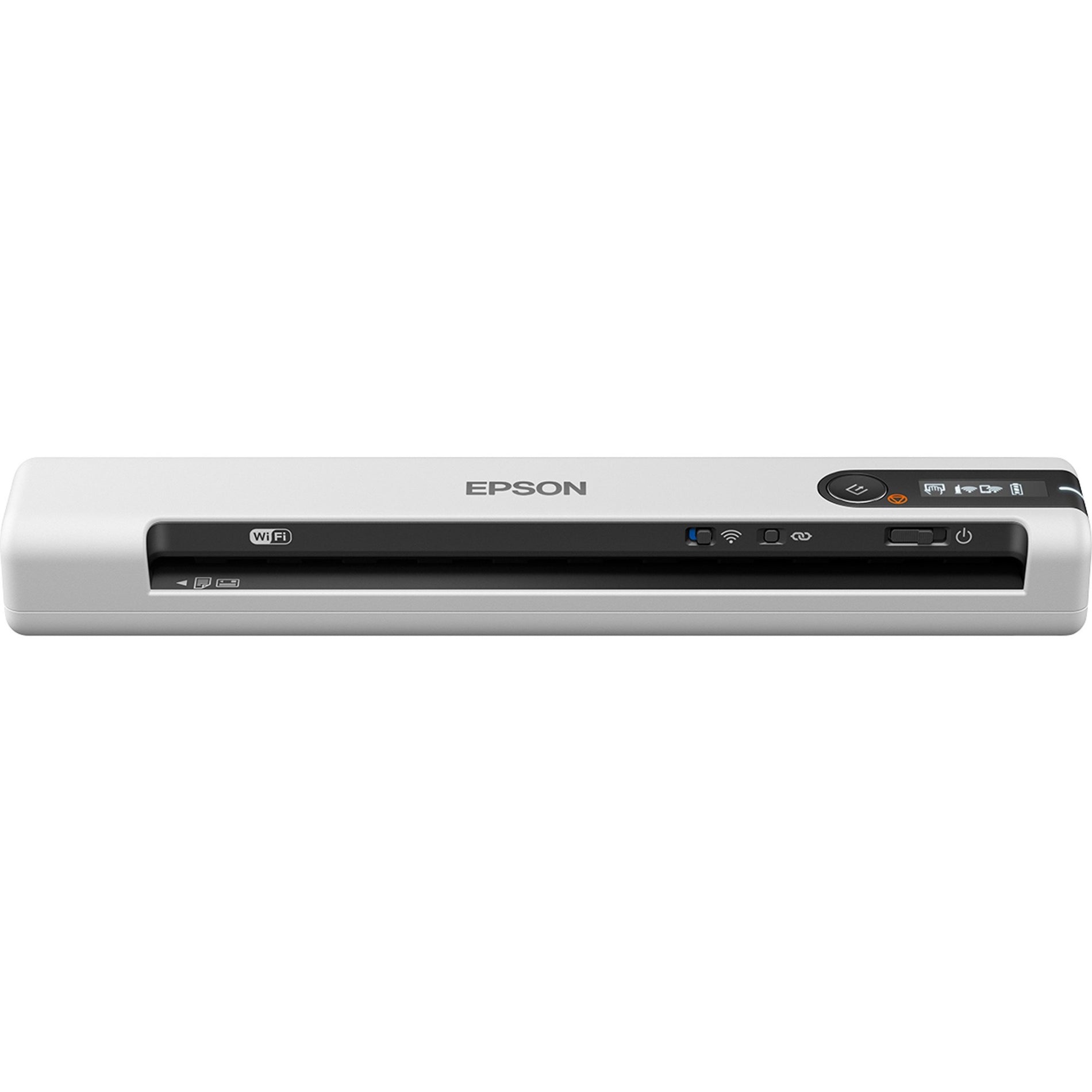 Front view of Epson DS-80W wireless portable scanner showing feed slot and control panel-alternate-image2