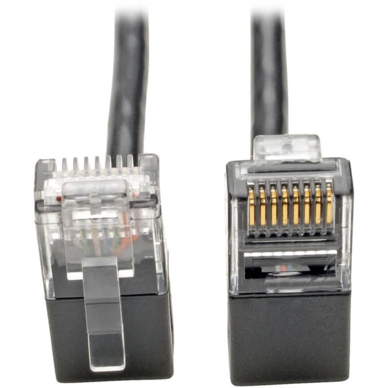 Close-up view of RJ45 connectors showing gold-plated contacts and transparent housing design