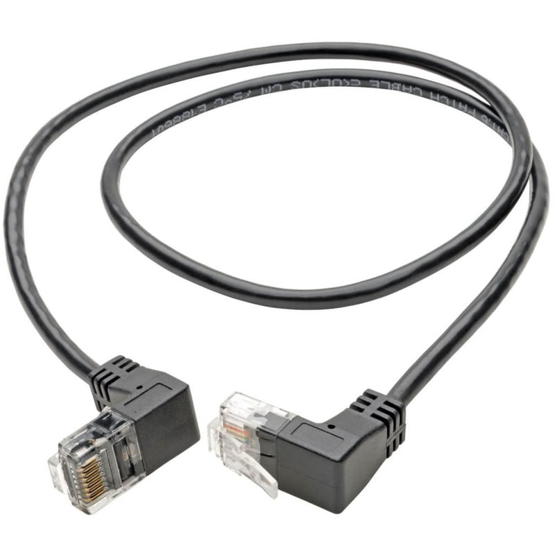 Full view of the right-angle Cat6 cable showing both connectors and cable bend