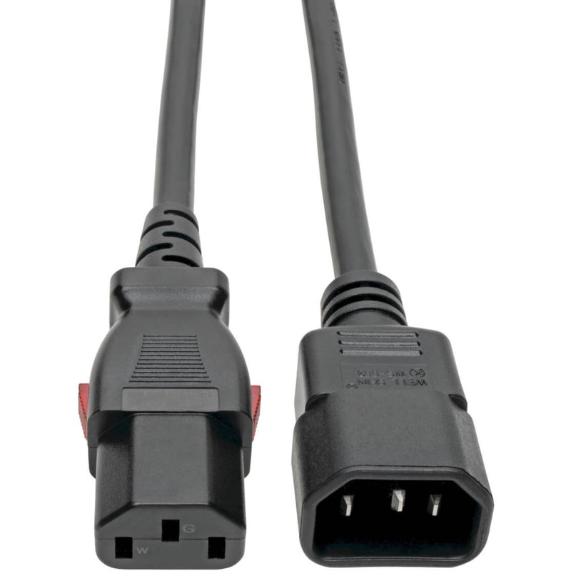 Close-up view of IEC C14 male and C13 female connectors on Tripp Lite power cable