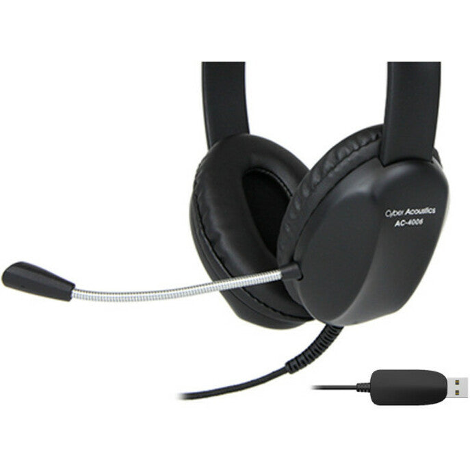 Angled view of Cyber Acoustics AC-4006 headset showing USB connection and flexible boom microphone-alternate-image2