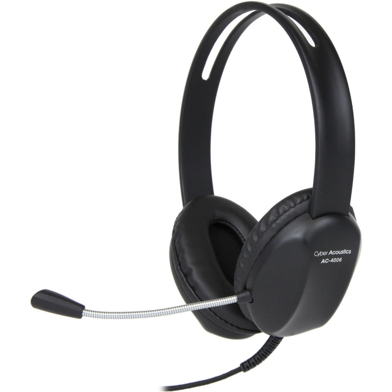 Side view of Cyber Acoustics AC-4006 USB stereo headset showing over-ear design and adjustable boom microphone