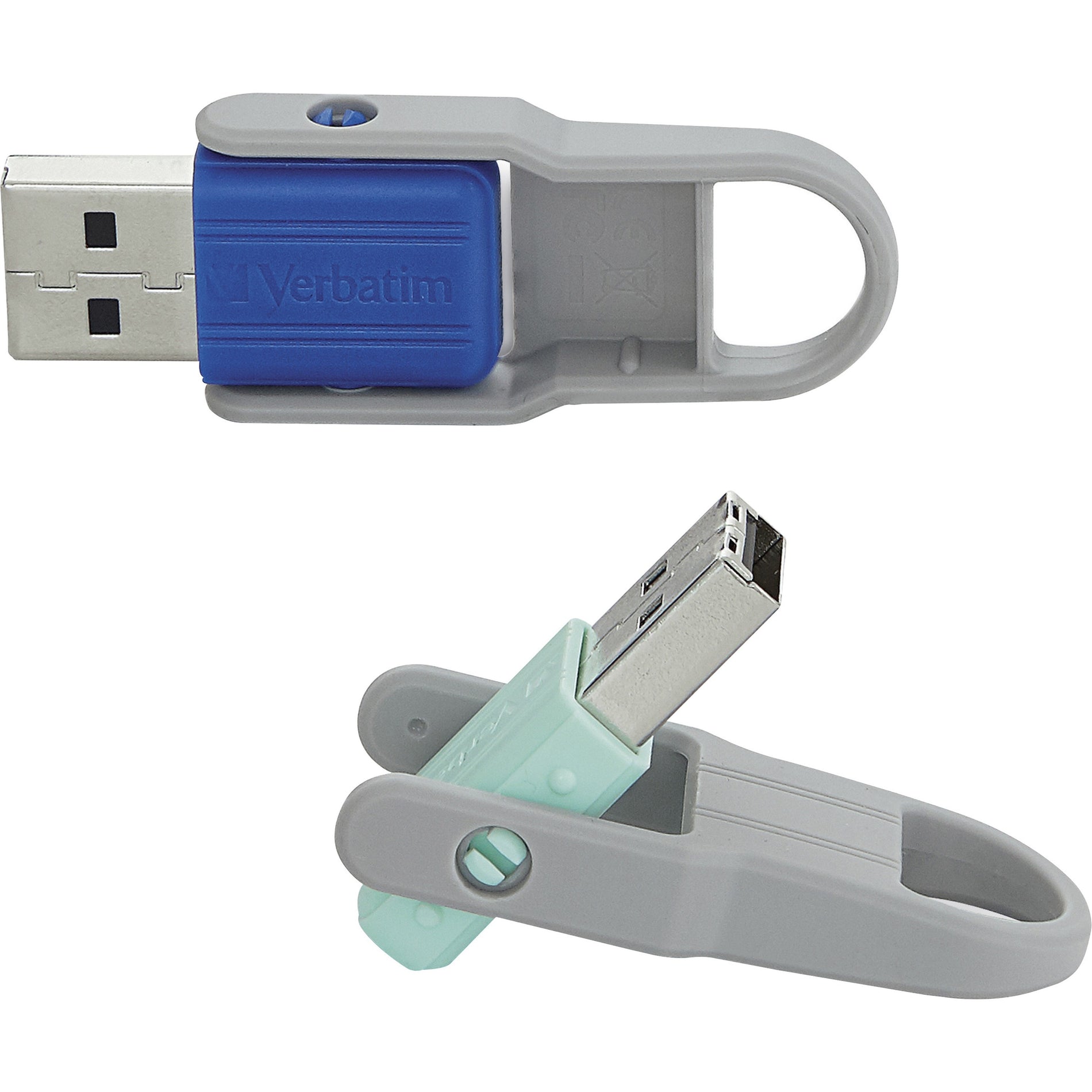 Two Store 'n' Flip USB drives in blue and mint colors with grey housing-alternate-image1