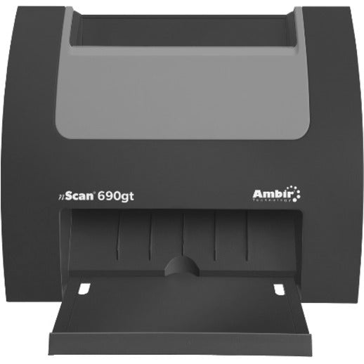 Front view of Ambir DS690GT-AS scanner showing compact vertical design and card slot