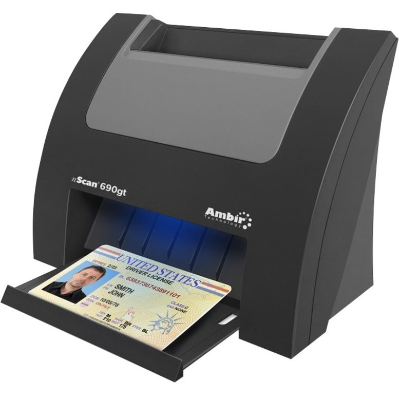 Ambir DS690GT-AS scanner processing an ID card with blue illumination showing active scanning