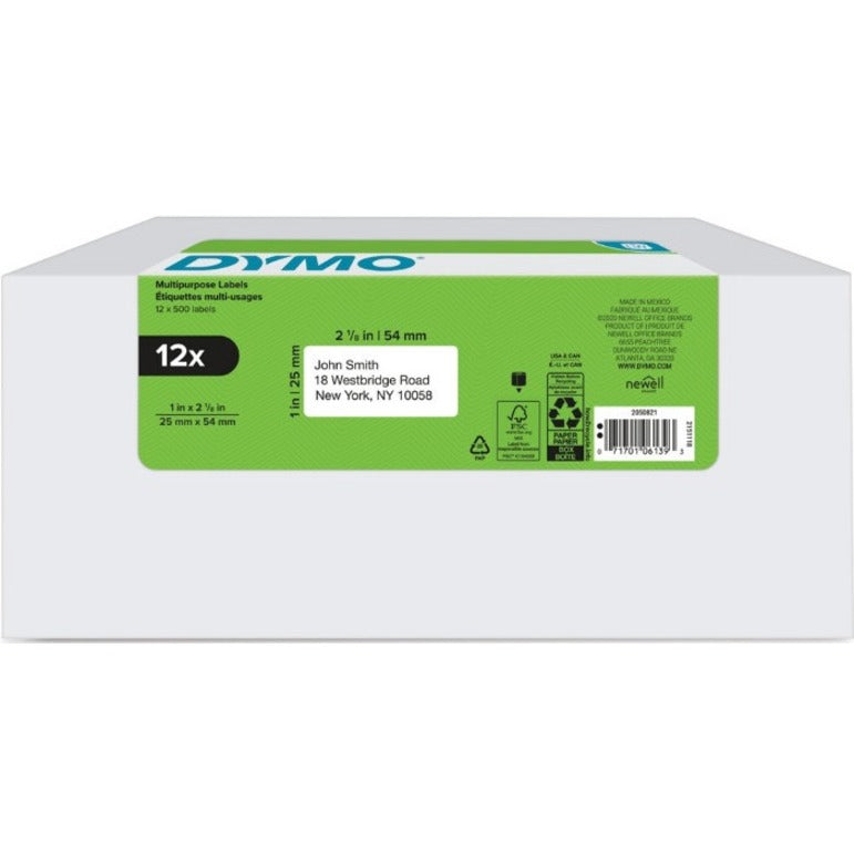 Dymo 2050821 LabelWriter Multipurpose Label, 12 Roll, Self-adhesive, 2 1/8" x 1", Thermal, 500 Labels