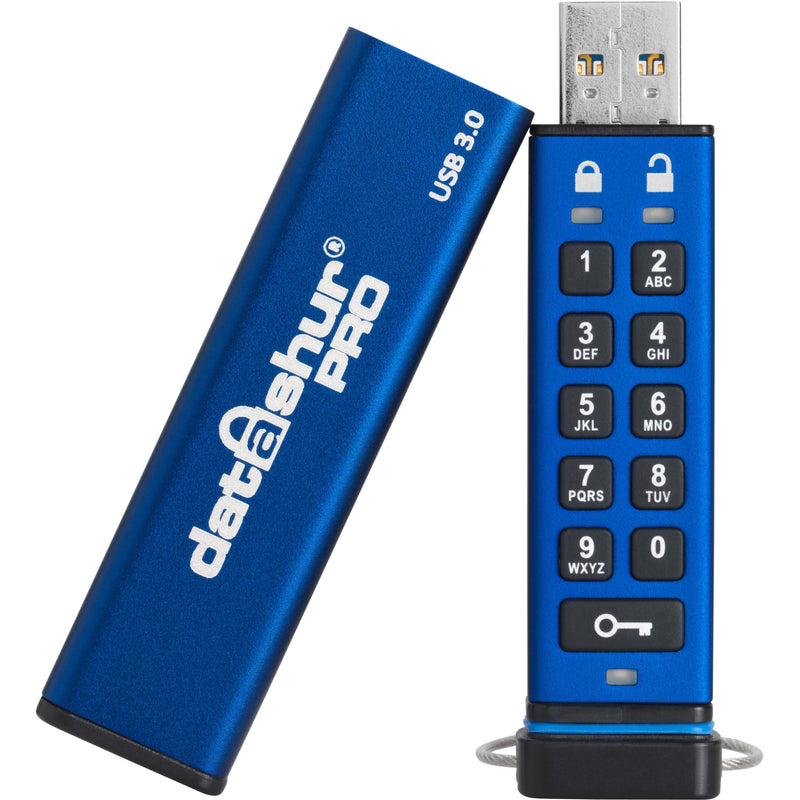 Blue datAshur PRO USB drive with integrated numeric keypad and security status LEDs