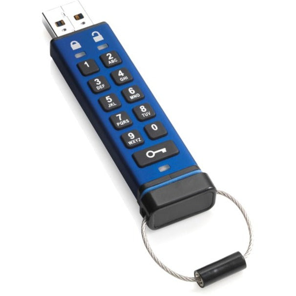 Blue iStorage datAshur PRO USB drive with numeric keypad and key ring attachment