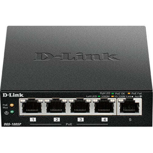 Top view of D-Link DGS-1005P switch showing branded surface and port configuration