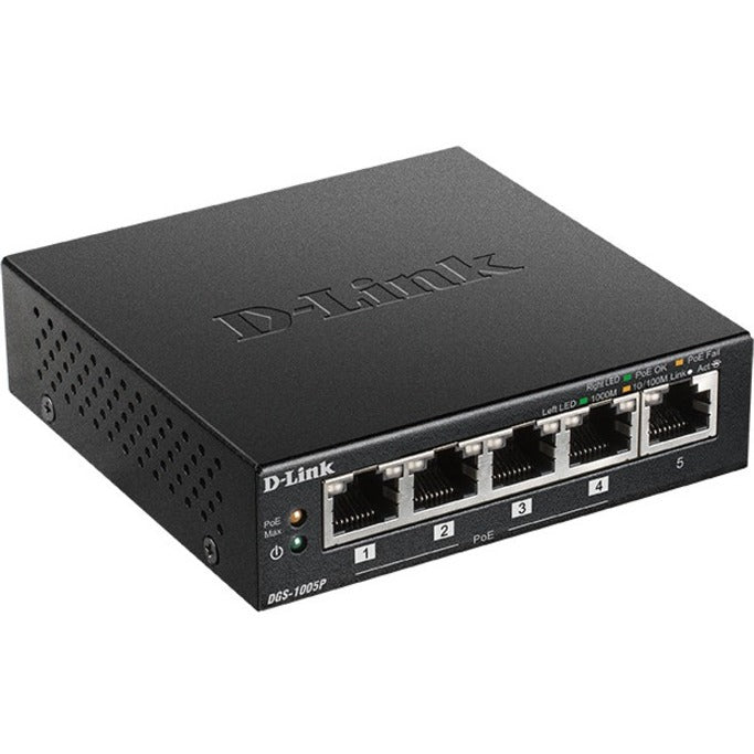 Front view of D-Link DGS-1005P 5-port Gigabit PoE+ switch showing ethernet ports and LED indicators