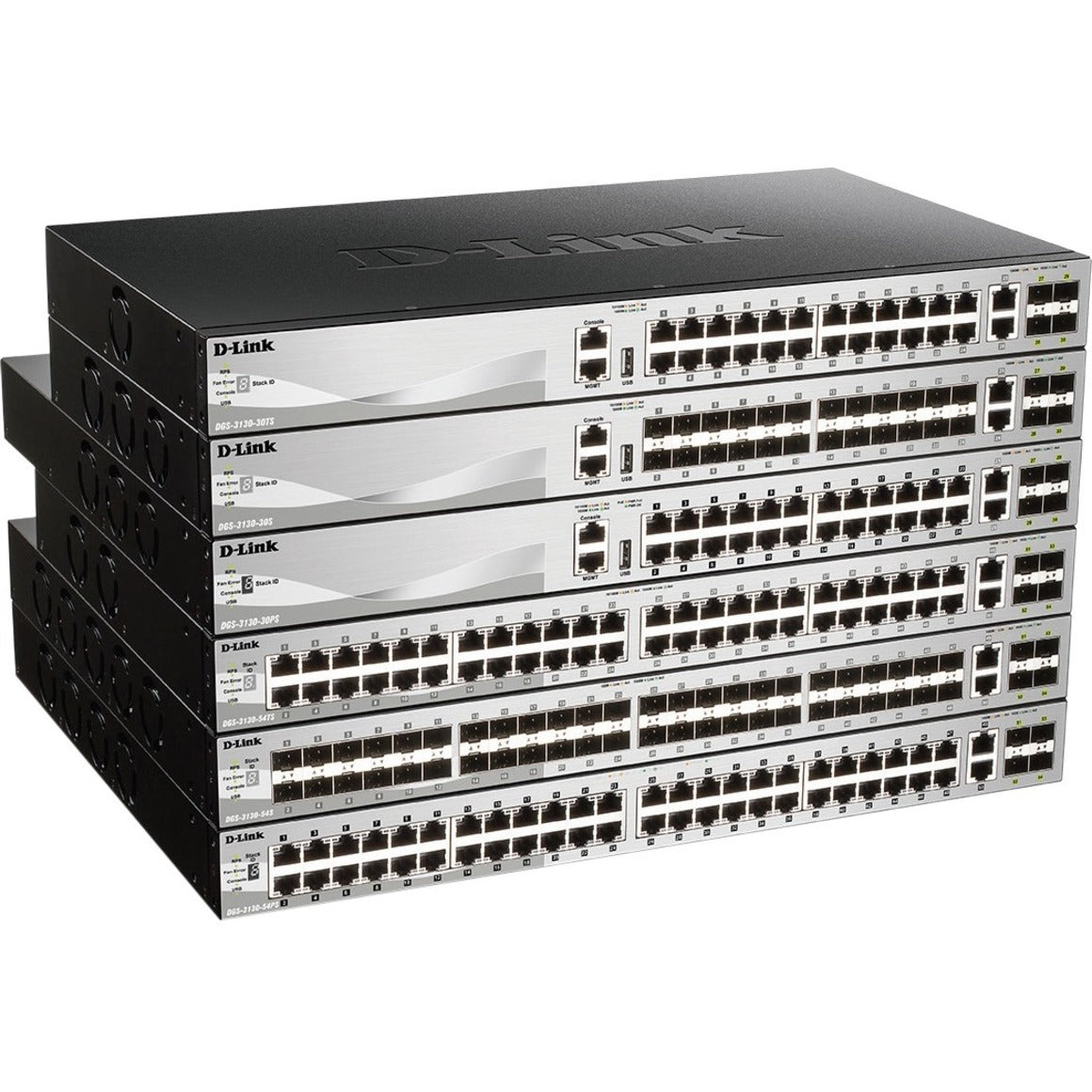 Stack of D-Link DGS-3130-54S network switches showing multiple units with 48 SFP ports and 4 10G uplink ports on each device-alternate-image1