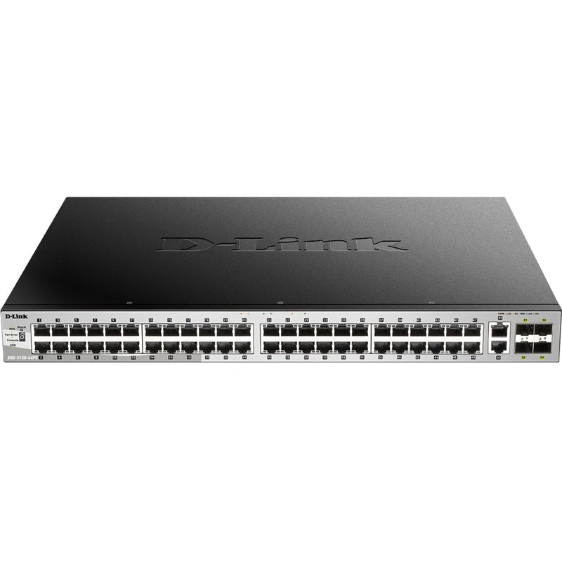 Front view of D-Link DGS-3130-54PS Layer 3 managed switch showing 48 Gigabit PoE ports and 4 SFP+ uplink ports in a black metal chassis