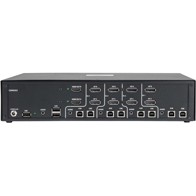 Rear panel view of Tripp Lite KVM switch showing all connection ports including HDMI, DisplayPort, USB, and audio interfaces