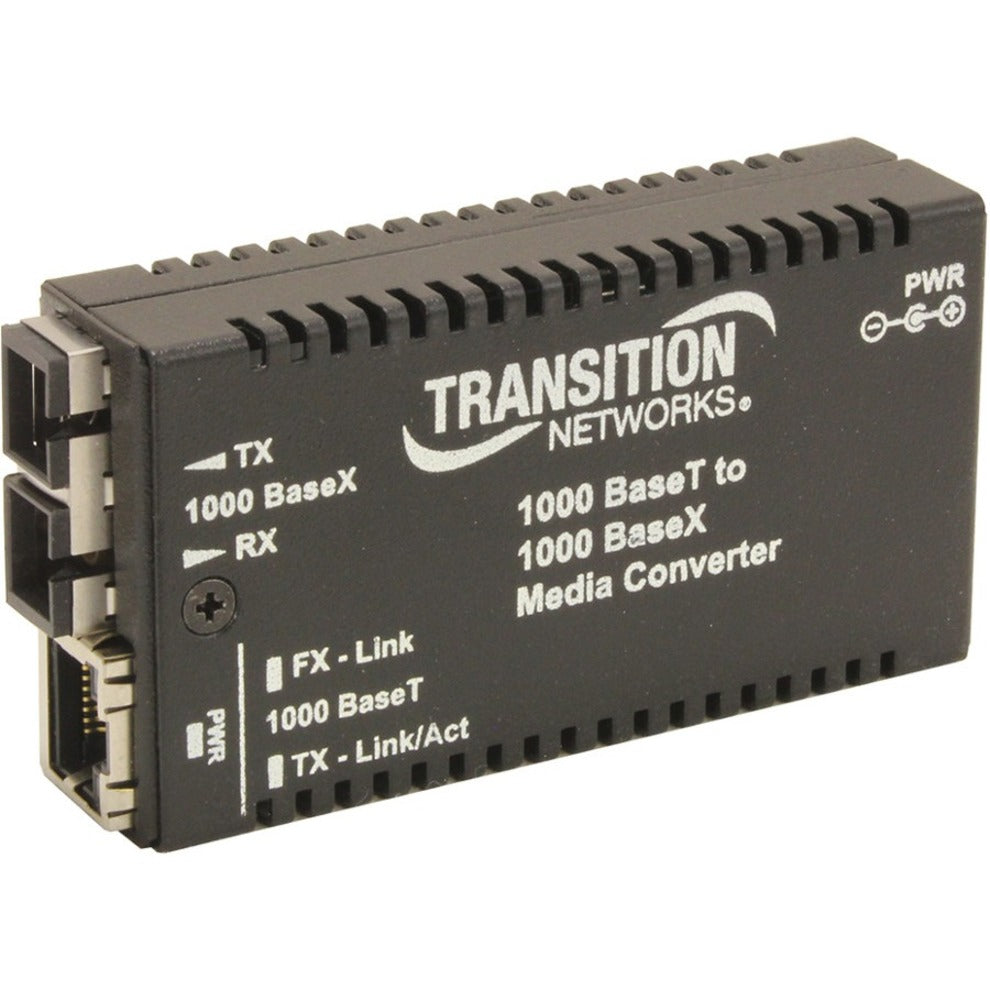 Transition Networks Mini Gigabit Ethernet Media Converter showing RJ-45 and fiber optic ports with status indicators-alternate-image1