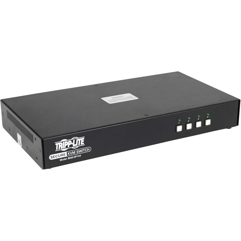 Front angled view of Tripp Lite B002-DP1A4 Secure KVM Switch showing control buttons and LED indicators