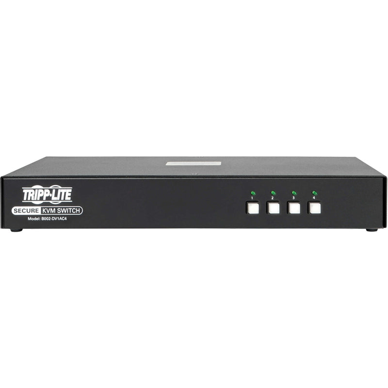 Front view of Tripp Lite secure KVM switch showing four illuminated selection buttons with status indicators