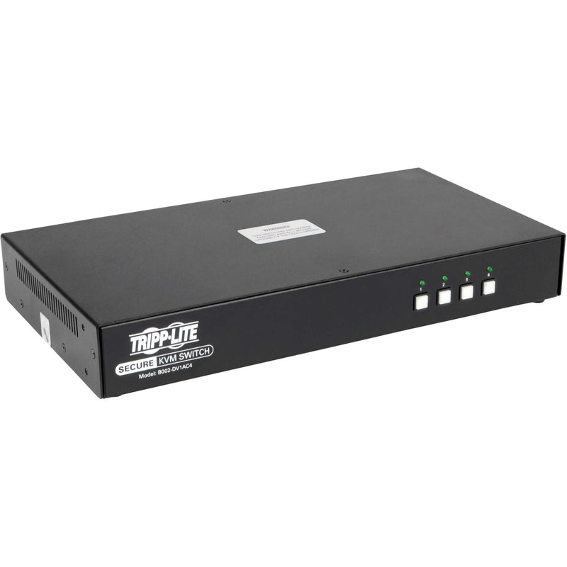 Front angled view of Tripp Lite B002-DV1AC4 4-port secure KVM switch showing control buttons and status LEDs