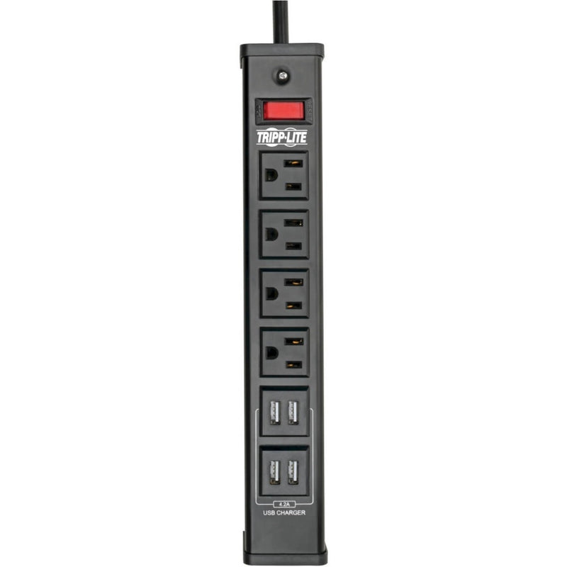 Full length view of Tripp Lite surge protector showing all outlets and USB ports