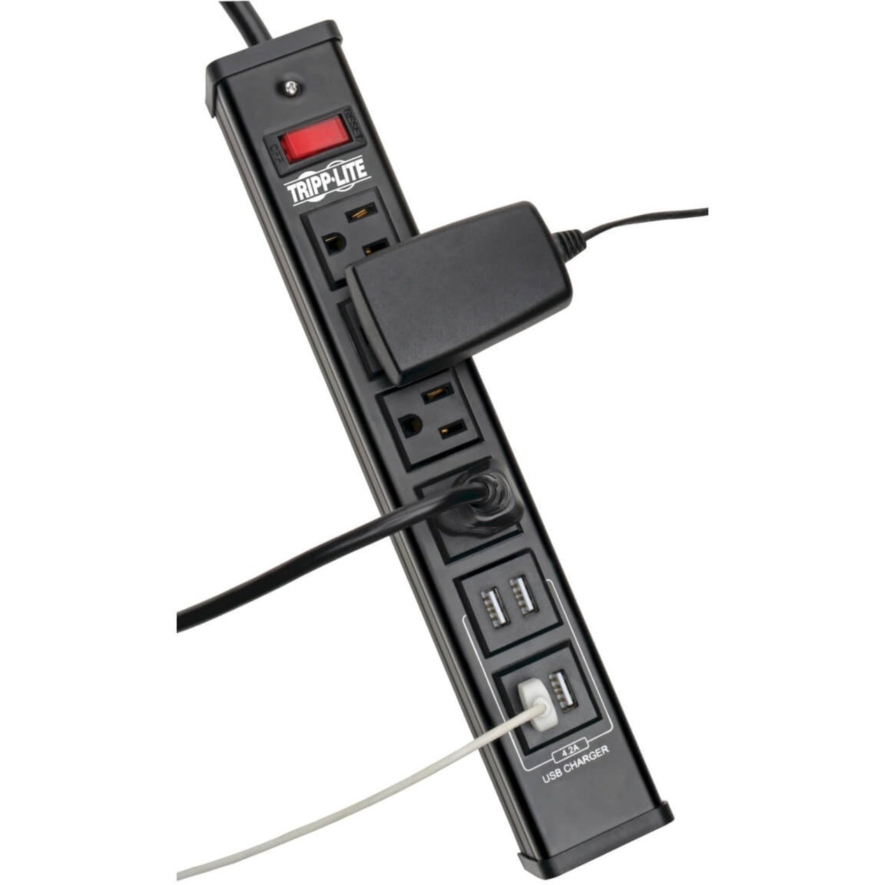 Tripp Lite surge protector with power adapter and USB cables connected showing spacing design-alternate-image2