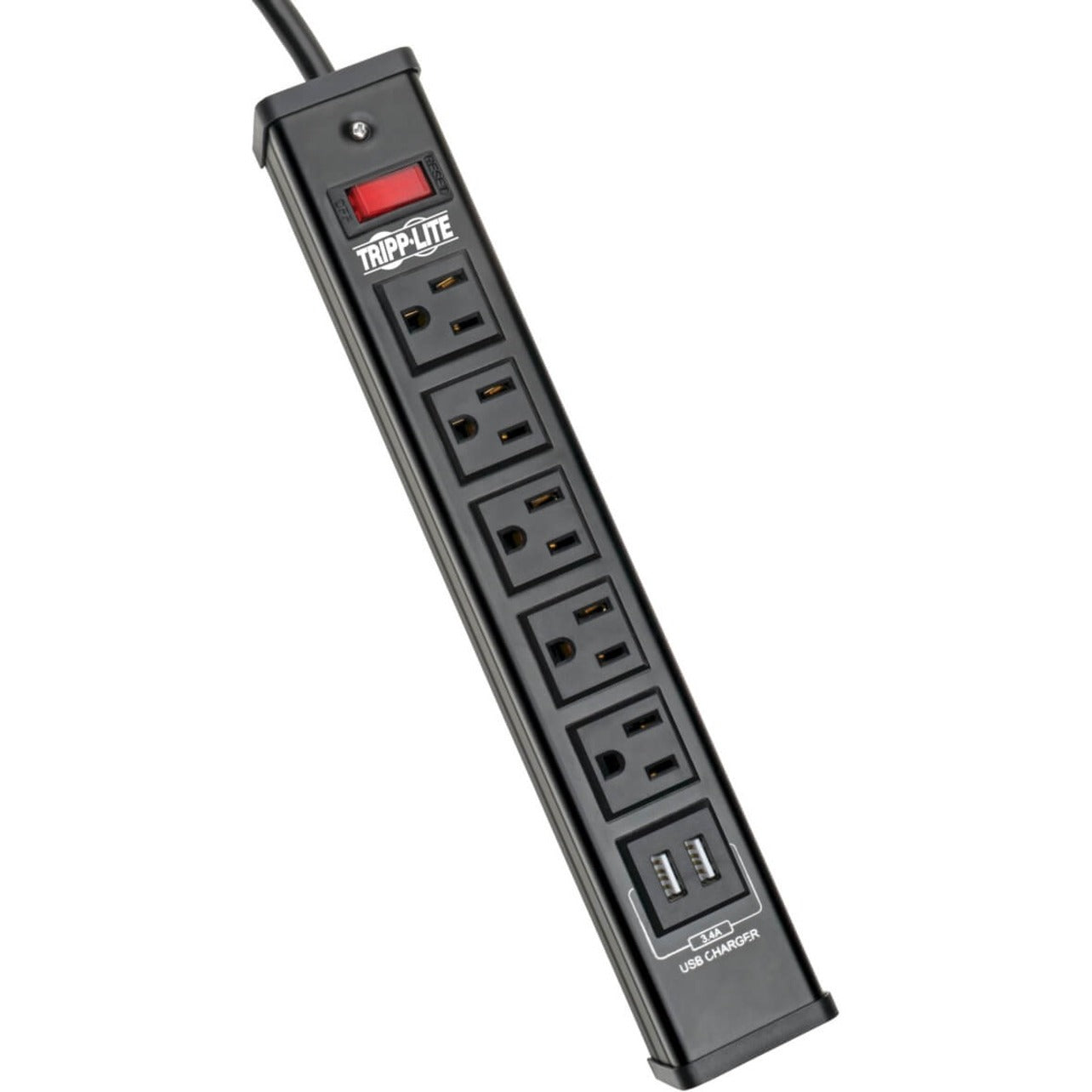 Tripp Lite surge protector showing 5 AC outlets and 2 USB charging ports with illuminated power switch-alternate-image1