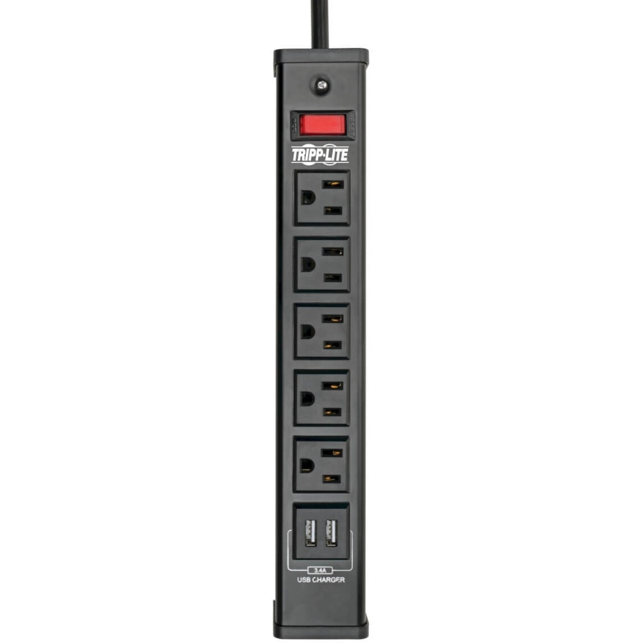 Full-length view of Tripp Lite surge protector showing all outlets and USB ports-alternate-image3