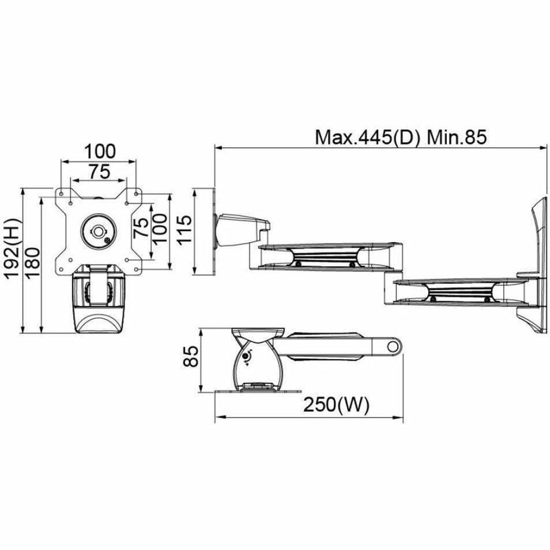 Technical diagram showing detailed dimensions and mounting specifications of AMR1WL wall mount