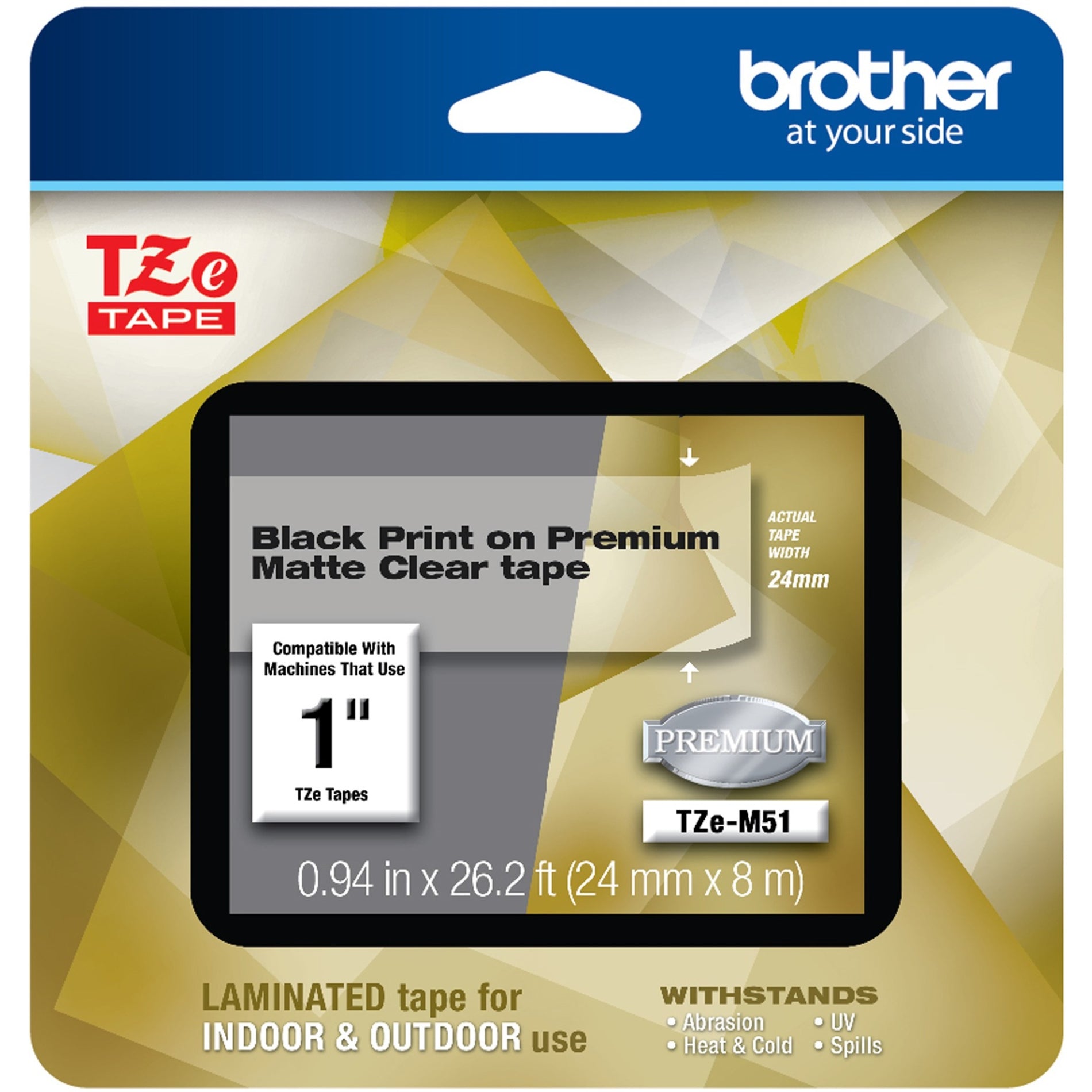 Brother TZEM51 TZe Premium Label Tape, 24MM Black on Matte Clear, Compatible with Brother Printers