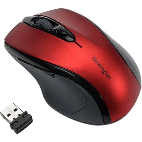 Red and black Kensington wireless mouse with USB nano receiver shown from top angle