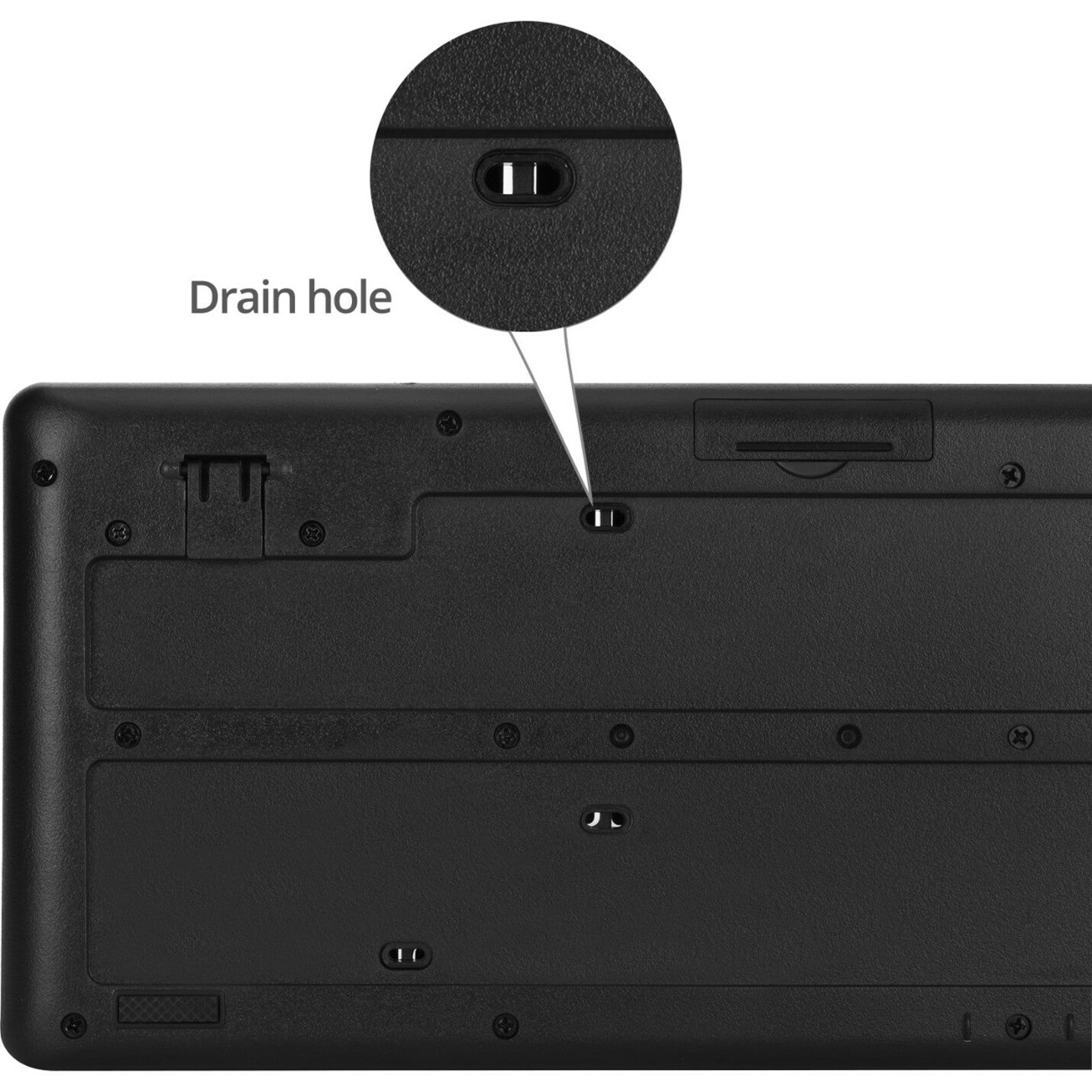 Bottom view of SIIG keyboard highlighting drain hole feature-alternate-image5