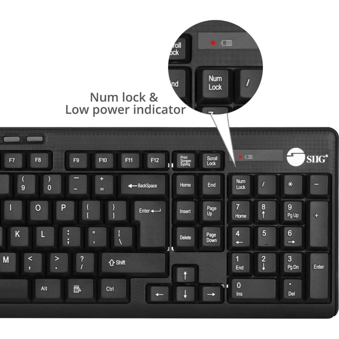 Close-up of NumLock key and battery indicator on SIIG wireless keyboard-alternate-image3