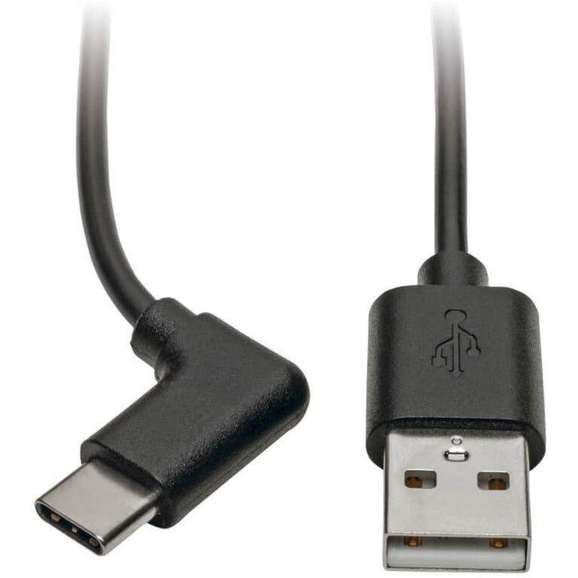 Close-up view of Tripp Lite USB-A to right-angle USB-C cable connectors showing gold-plated contacts-alternate-image1